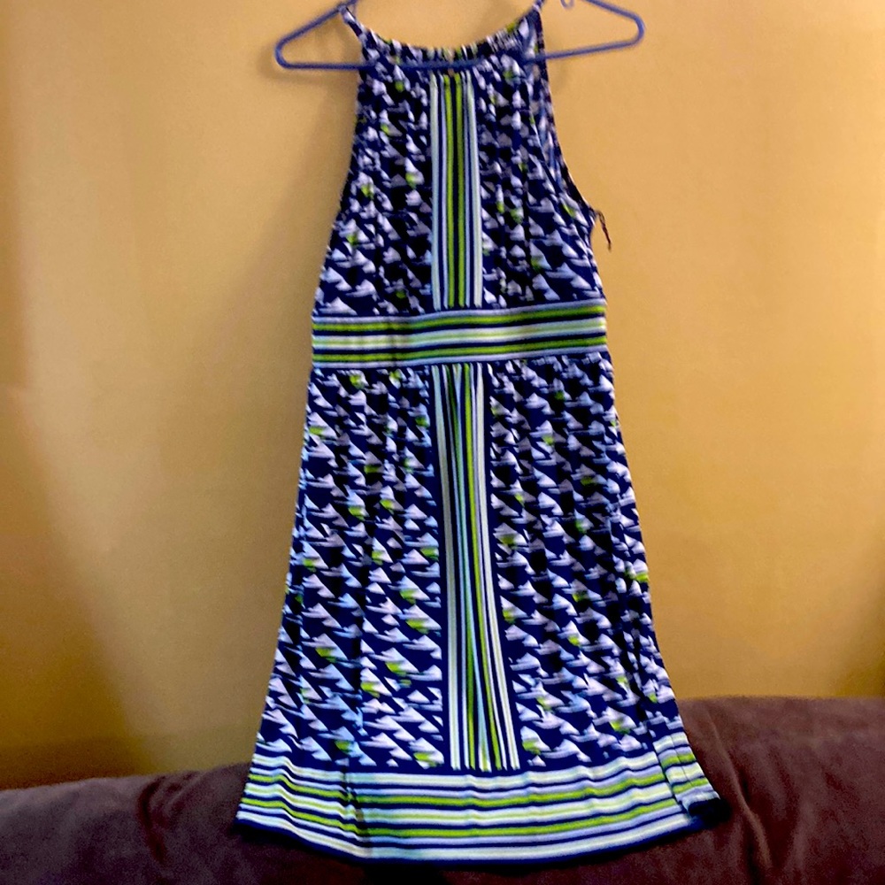 Jessica petite navy blue and green pattern dress